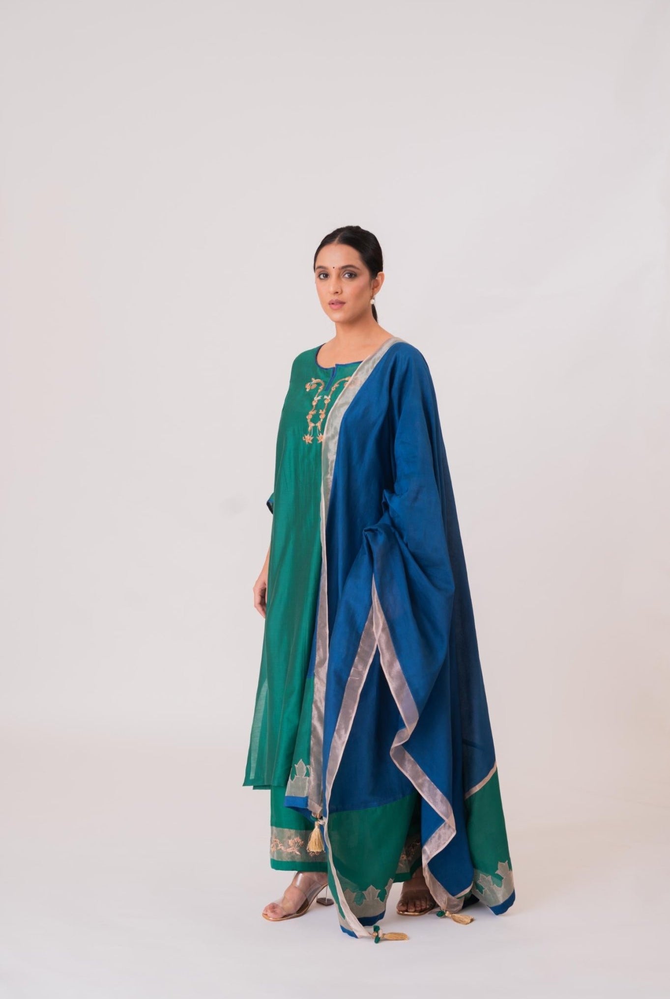 Tissue Patch Work Dupatta Kurta Set - Emerald Green - CiceroniKurta Set, Festive wearBhavik Shah