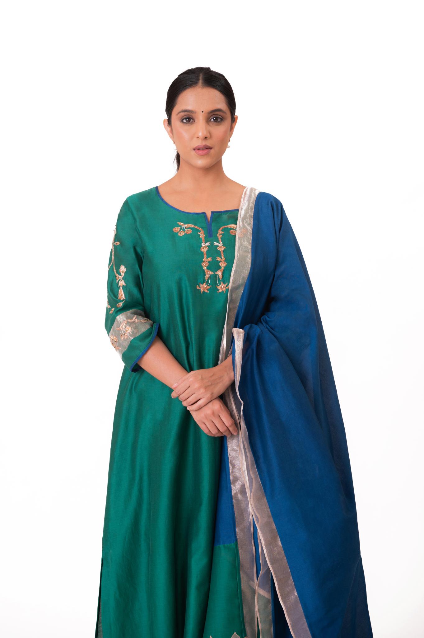 Tissue Patch Work Dupatta Kurta Set - Emerald Green - CiceroniKurta Set, Festive wearBhavik Shah