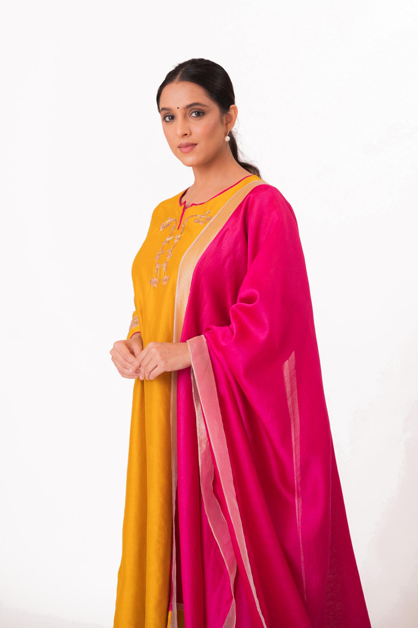 Tissue Patch Work Dupatta Kurta Set - Golden Yellow - CiceroniKurta Set, Festive wearBhavik Shah