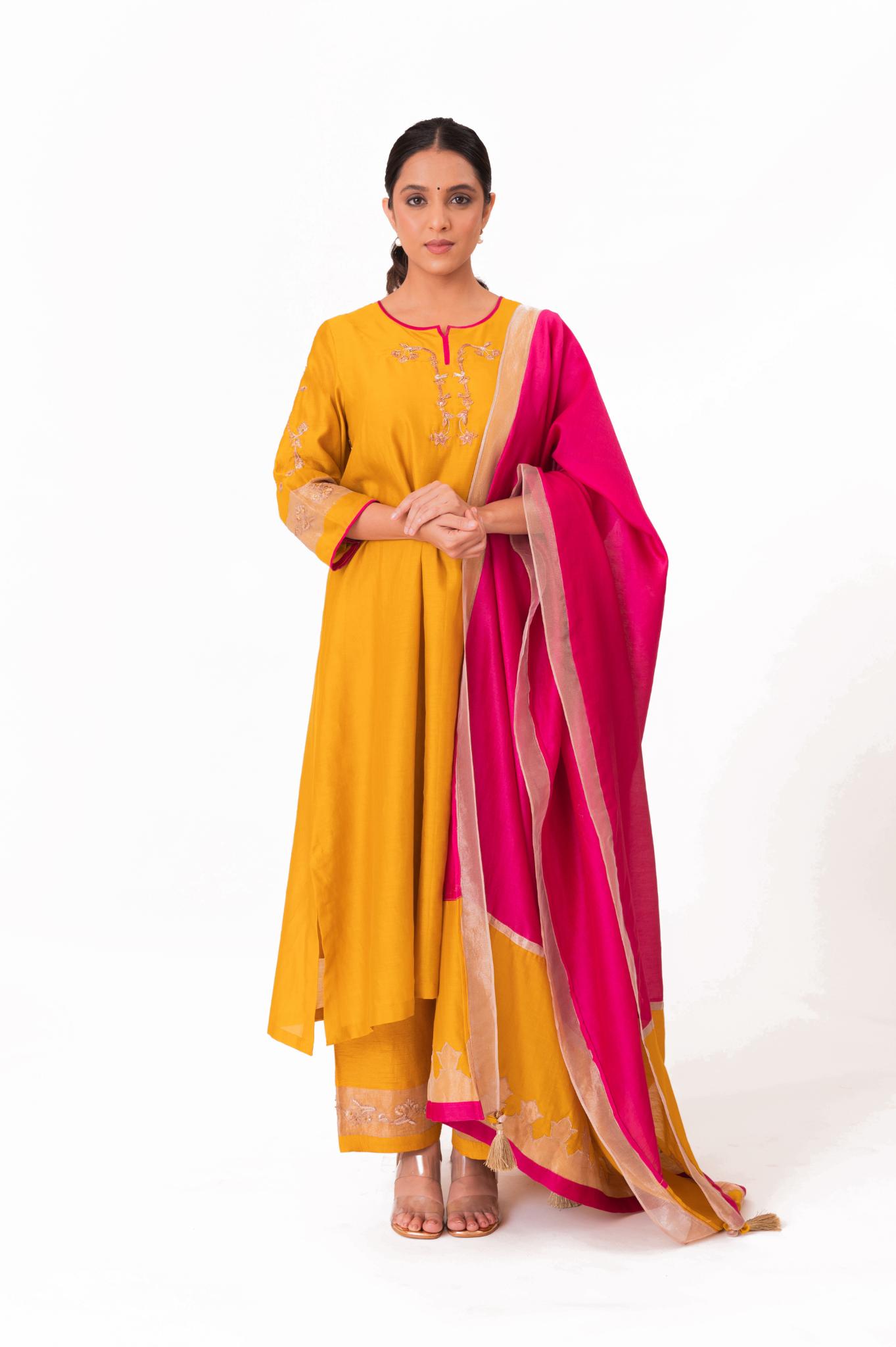 Tissue Patch Work Dupatta Kurta Set - Golden Yellow - CiceroniKurta Set, Festive wearBhavik Shah