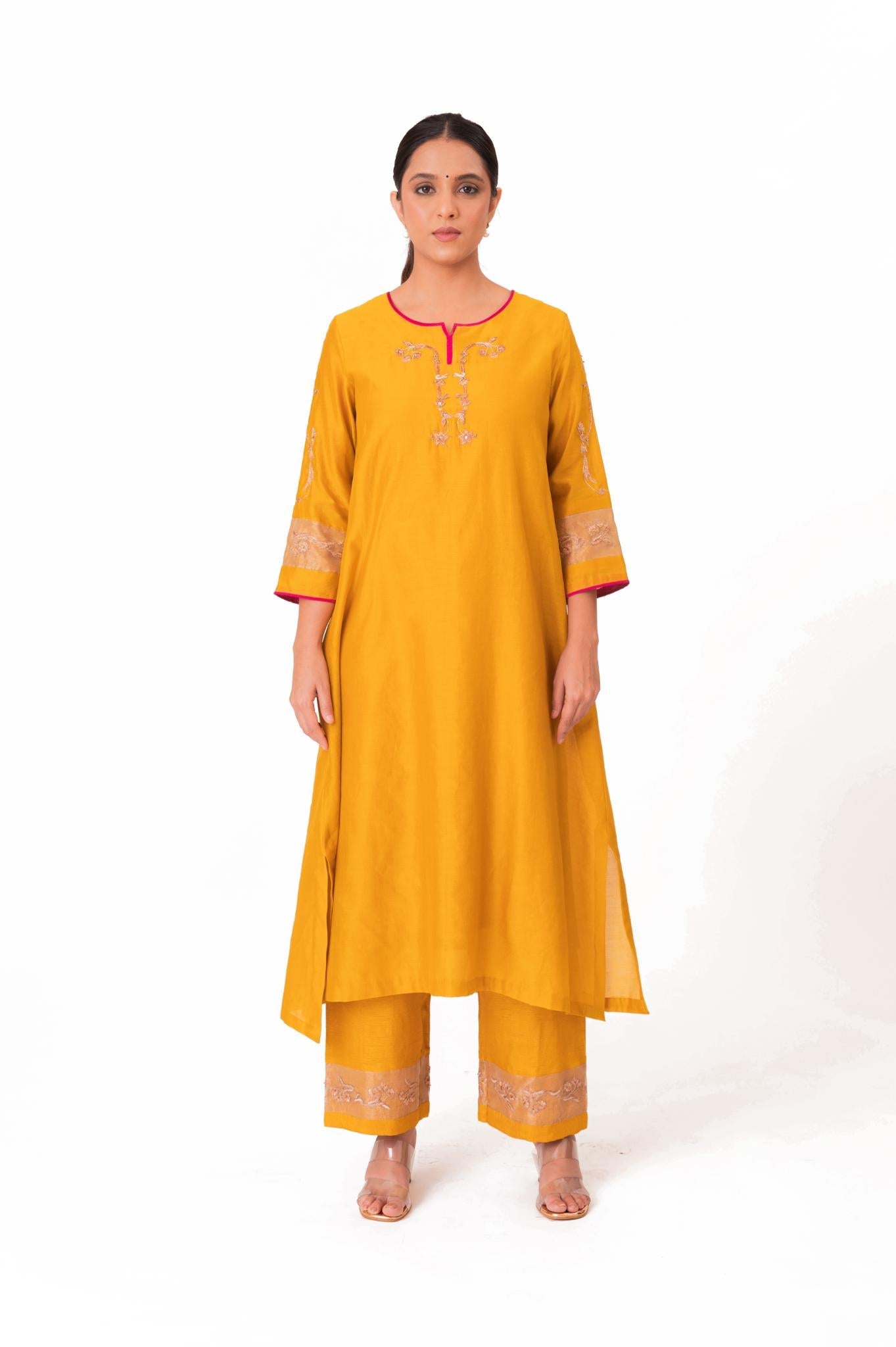 Tissue Patch Work Dupatta Kurta Set - Golden Yellow - CiceroniKurta Set, Festive wearBhavik Shah