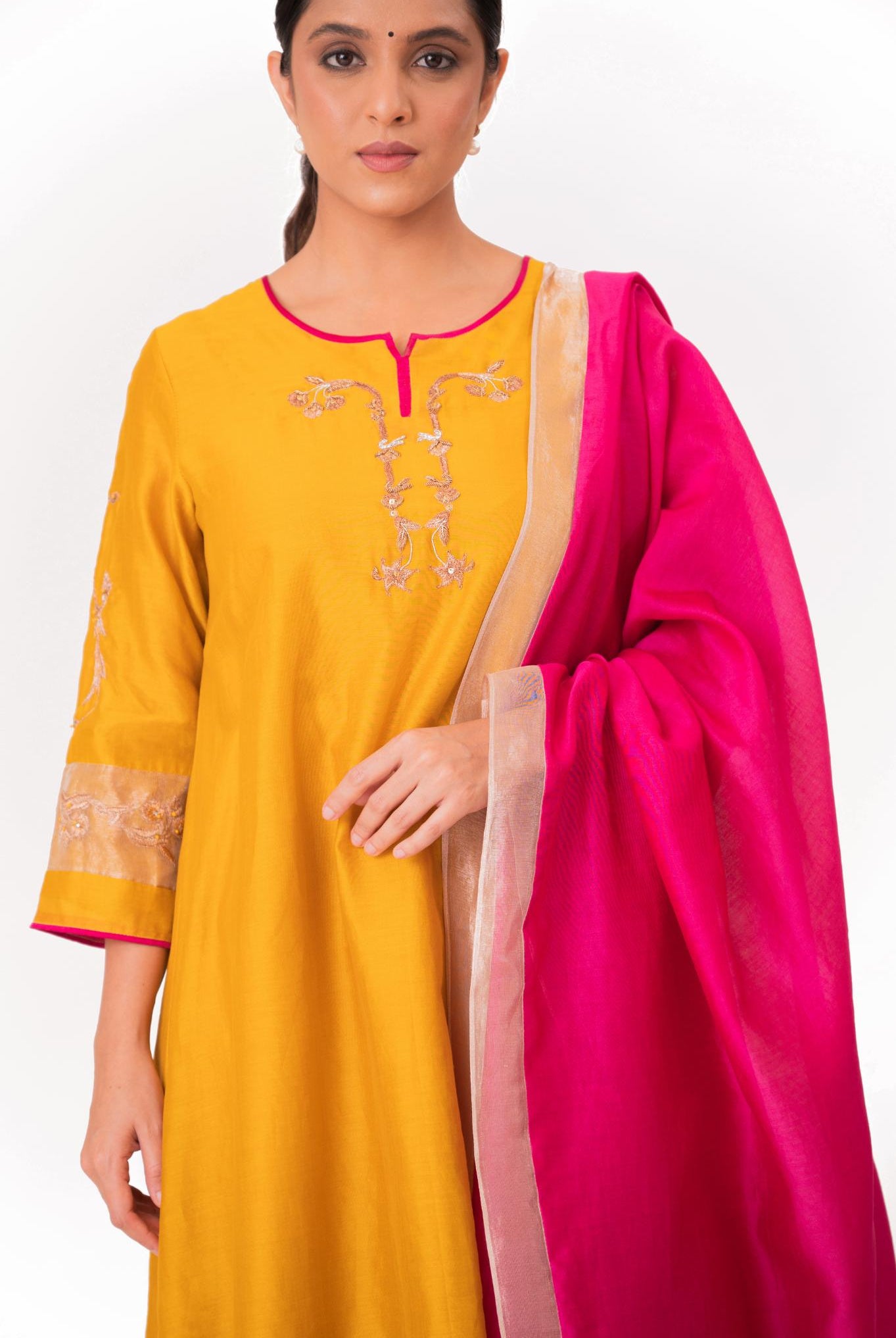 Tissue Patch Work Dupatta Kurta Set - Golden Yellow - CiceroniKurta Set, Festive wearBhavik Shah