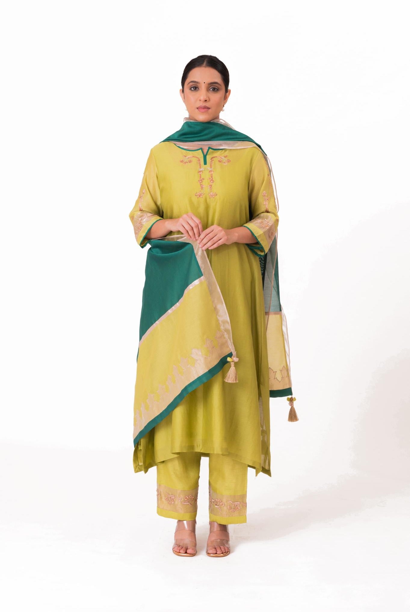 Tissue Patch Work Dupatta Kurta Set - Lime Green - CiceroniKurta Set, Festive wearBhavik Shah