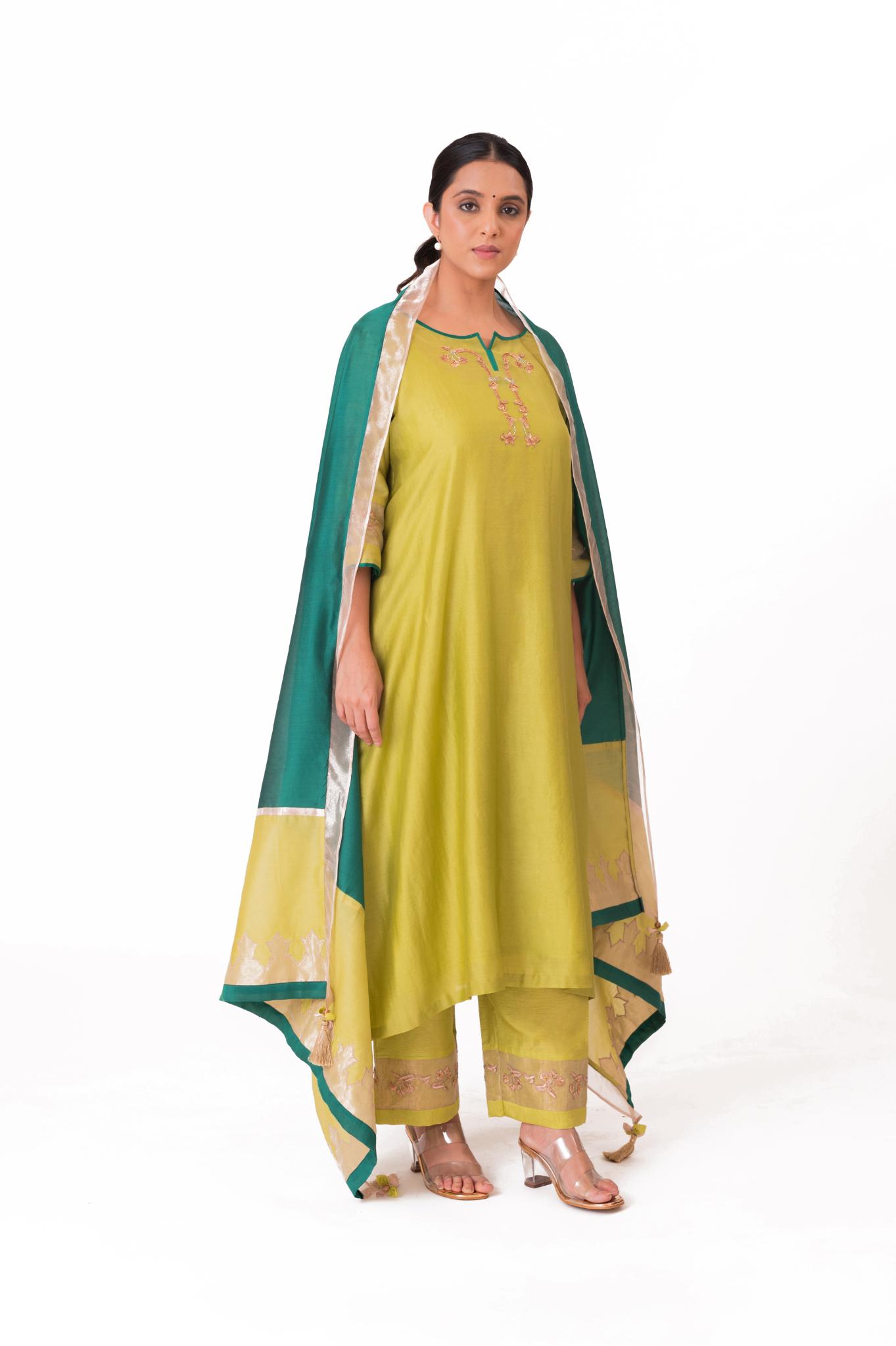 Tissue Patch Work Dupatta Kurta Set - Lime Green - CiceroniKurta Set, Festive wearBhavik Shah