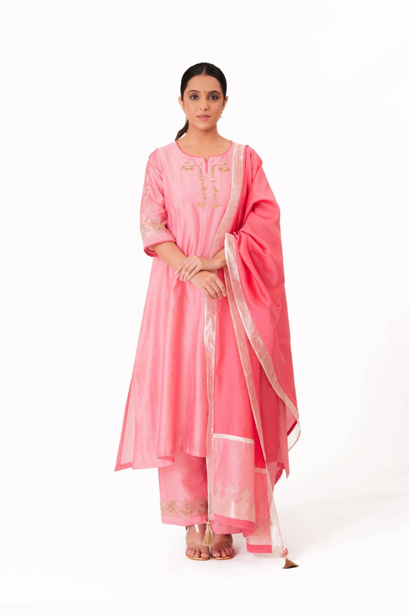 Tissue Patch Work Dupatta Kurta Set - Lotus Pink - CiceroniKurta Set, Festive wearBhavik Shah