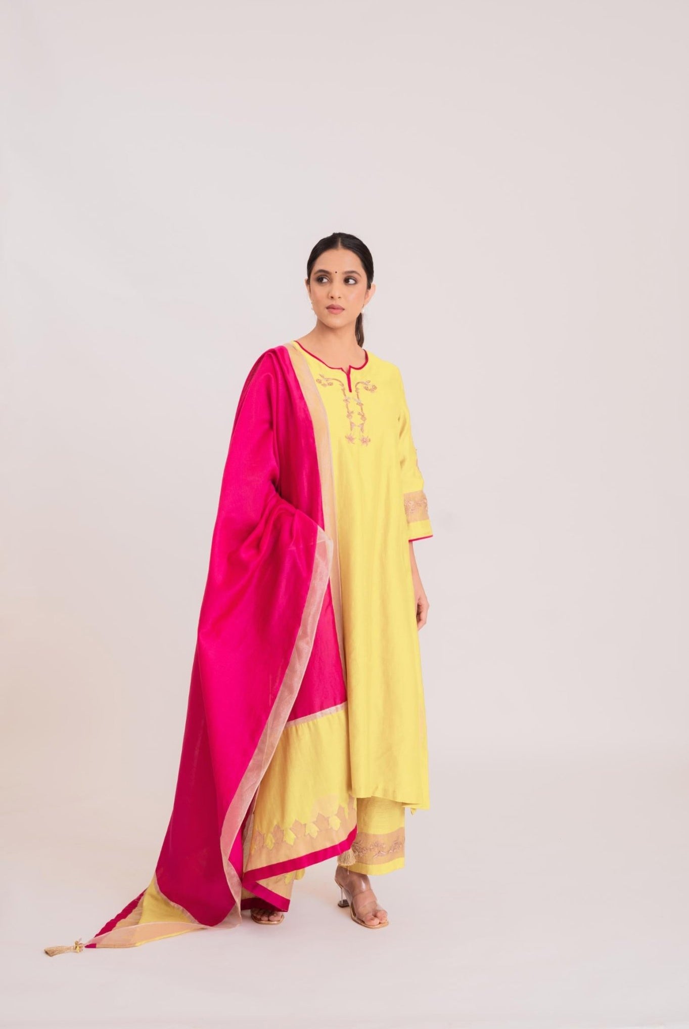 Tissue Patch Work Dupatta Kurta Set - Pastel Yellow - CiceroniKurta Set, Festive wearBhavik Shah