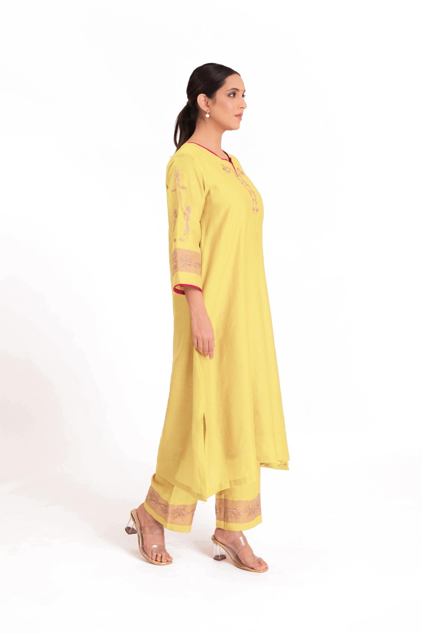 Tissue Patch Work Dupatta Kurta Set - Pastel Yellow - CiceroniKurta Set, Festive wearBhavik Shah