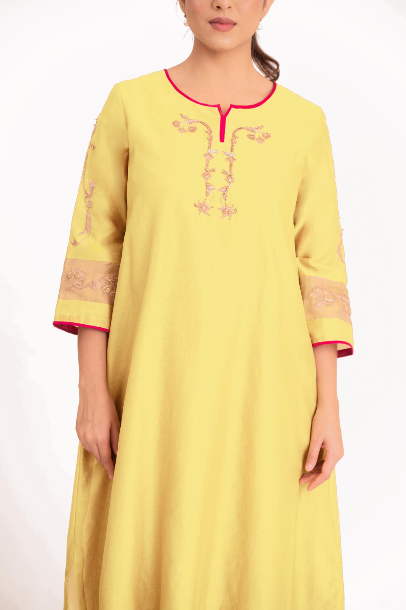 Tissue Patch Work Dupatta Kurta Set - Pastel Yellow - CiceroniKurta Set, Festive wearBhavik Shah