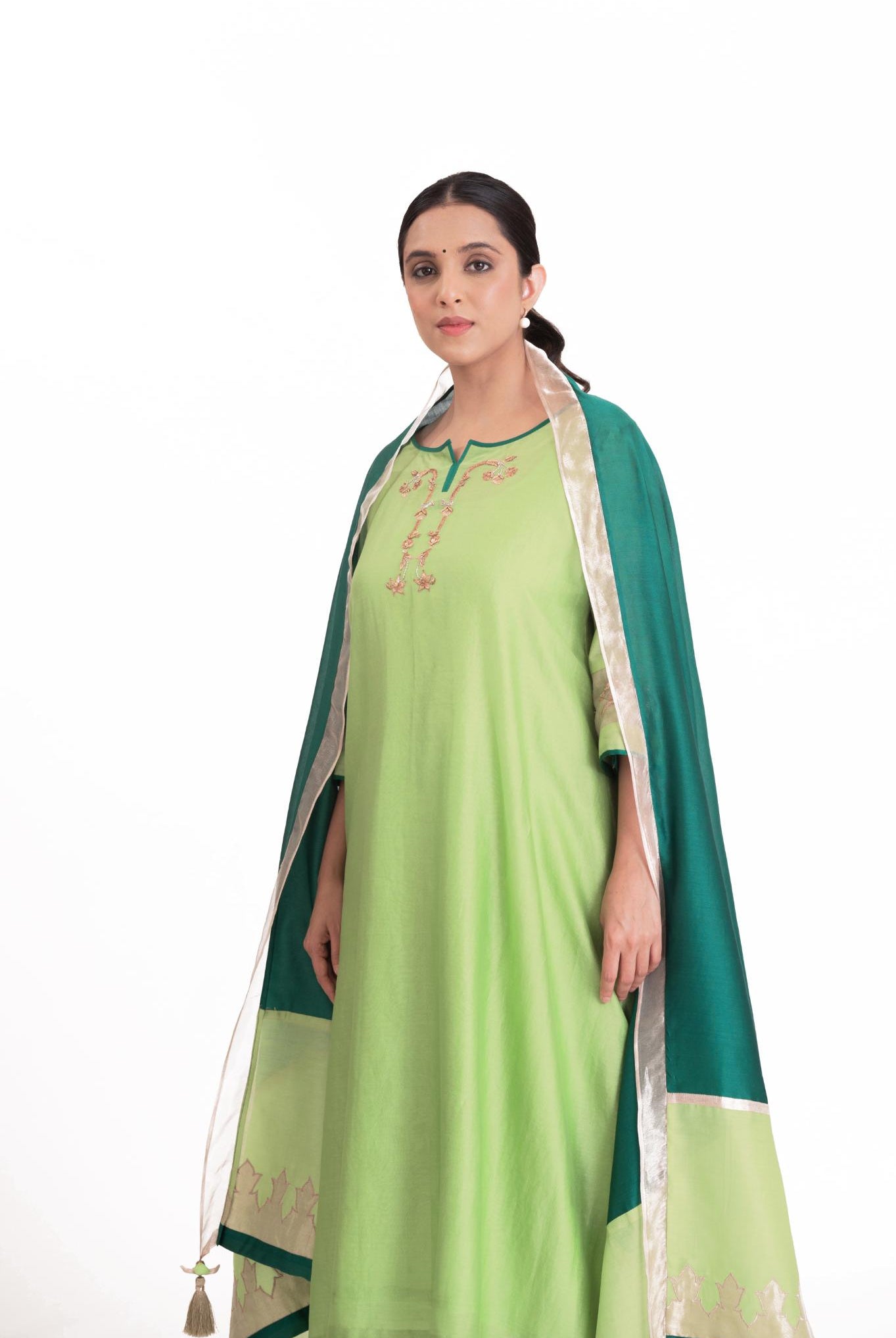 Tissue Patch Work Dupatta Kurta Set - Pistachio Green - CiceroniKurta Set, Festive wearBhavik Shah