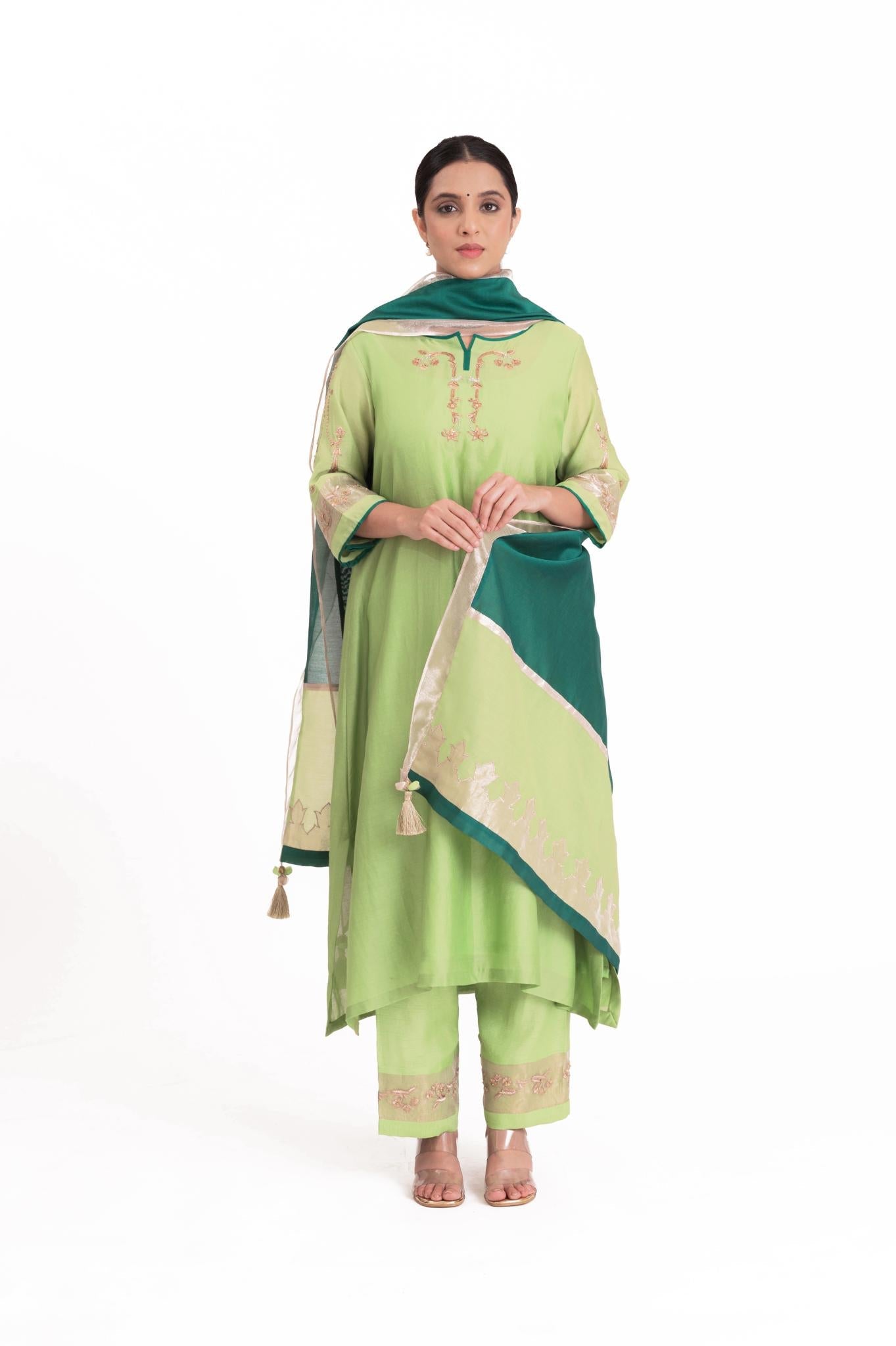 Tissue Patch Work Dupatta Kurta Set - Pistachio Green - CiceroniKurta Set, Festive wearBhavik Shah