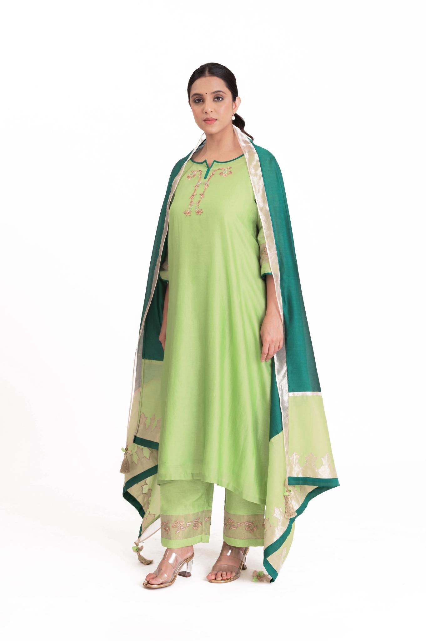 Tissue Patch Work Dupatta Kurta Set - Pistachio Green - CiceroniKurta Set, Festive wearBhavik Shah
