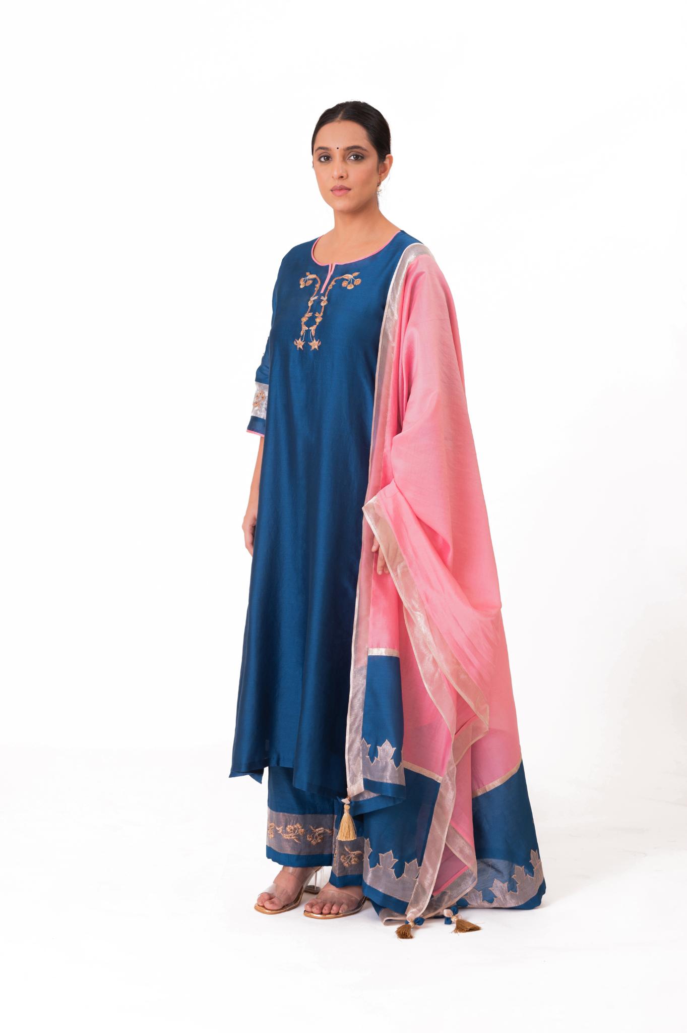 Tissue Patch Work Dupatta Kurta Set - Royal Blue - CiceroniKurta Set, Festive wearBhavik Shah