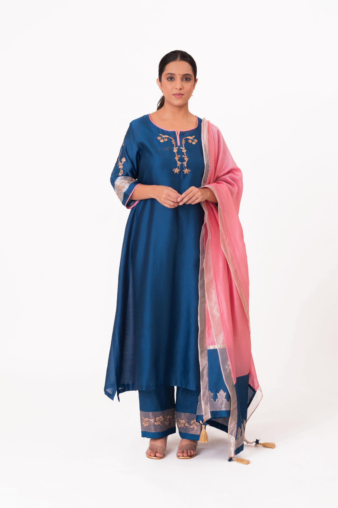 Tissue Patch Work Dupatta Kurta Set - Royal Blue - CiceroniKurta Set, Festive wearBhavik Shah