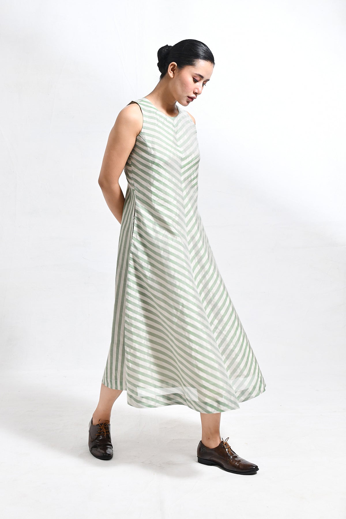 Tissue Striped Sleeveless A - line Dress with Back Patch - Light Green - CiceroniDressesHiranya
