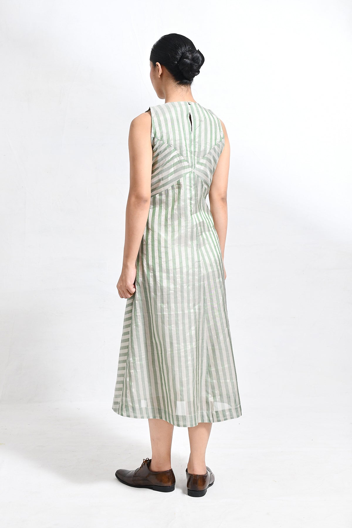 Tissue Striped Sleeveless A - line Dress with Back Patch - Light Green - CiceroniDressesHiranya