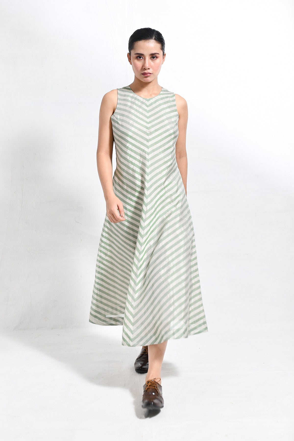 Tissue Striped Sleeveless A - line Dress with Back Patch - Light Green - CiceroniDressesHiranya