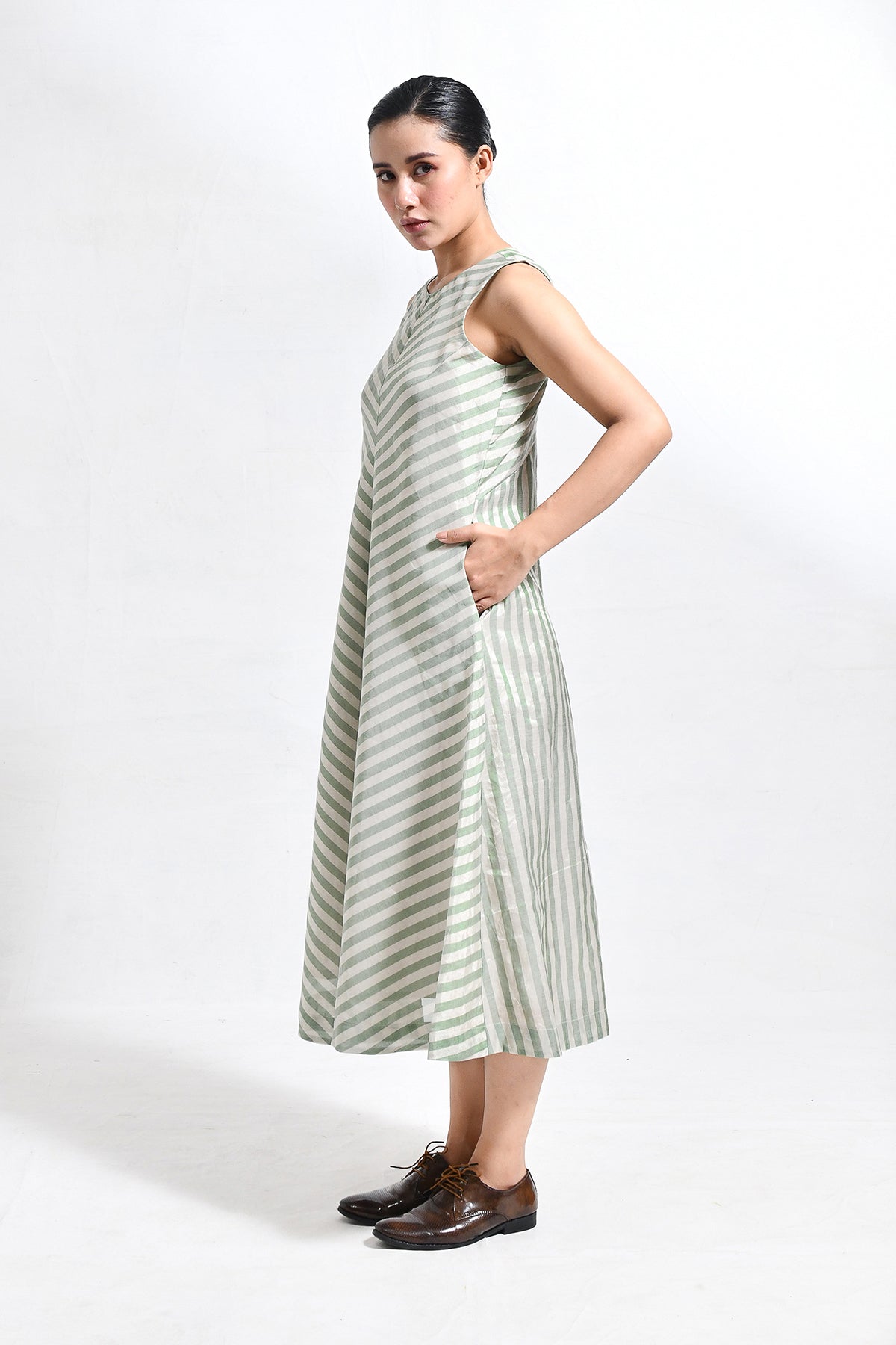 Tissue Striped Sleeveless A - line Dress with Back Patch - Light Green - CiceroniDressesHiranya