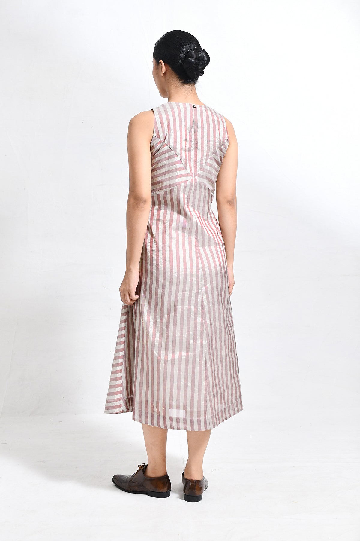Tissue Striped Sleeveless A - line Dress with Back Patch - Red - CiceroniDressesHiranya