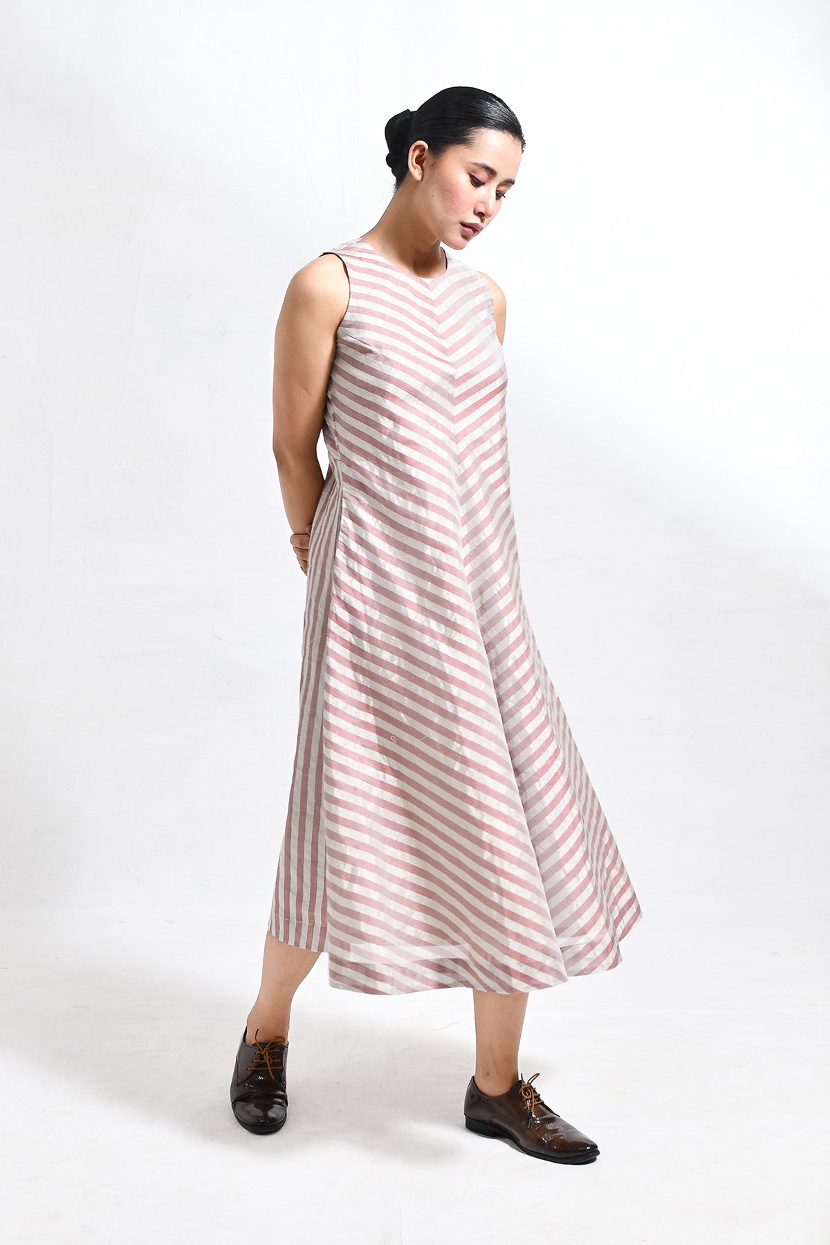 Tissue Striped Sleeveless A - line Dress with Back Patch - Red - CiceroniDressesHiranya