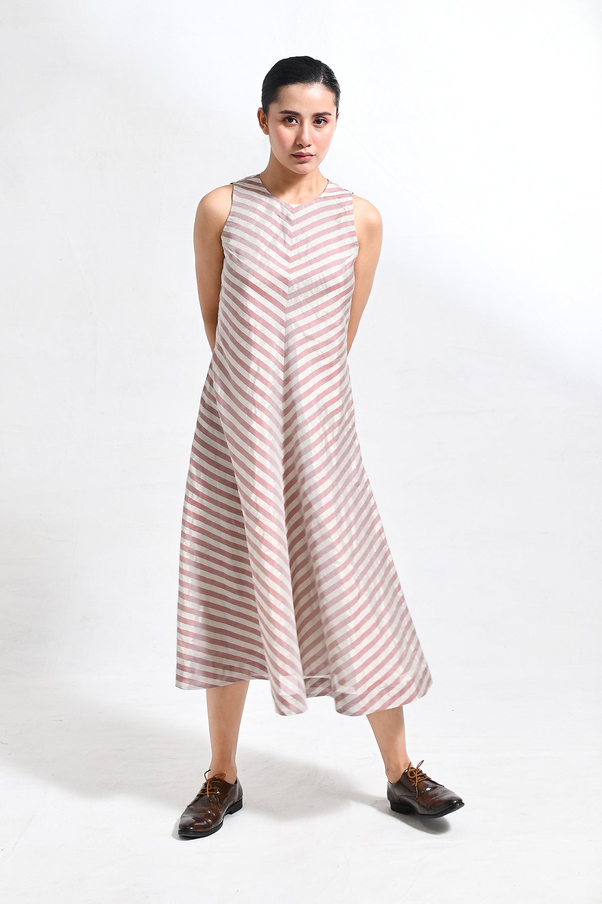Tissue Striped Sleeveless A - line Dress with Back Patch - Red - CiceroniDressesHiranya