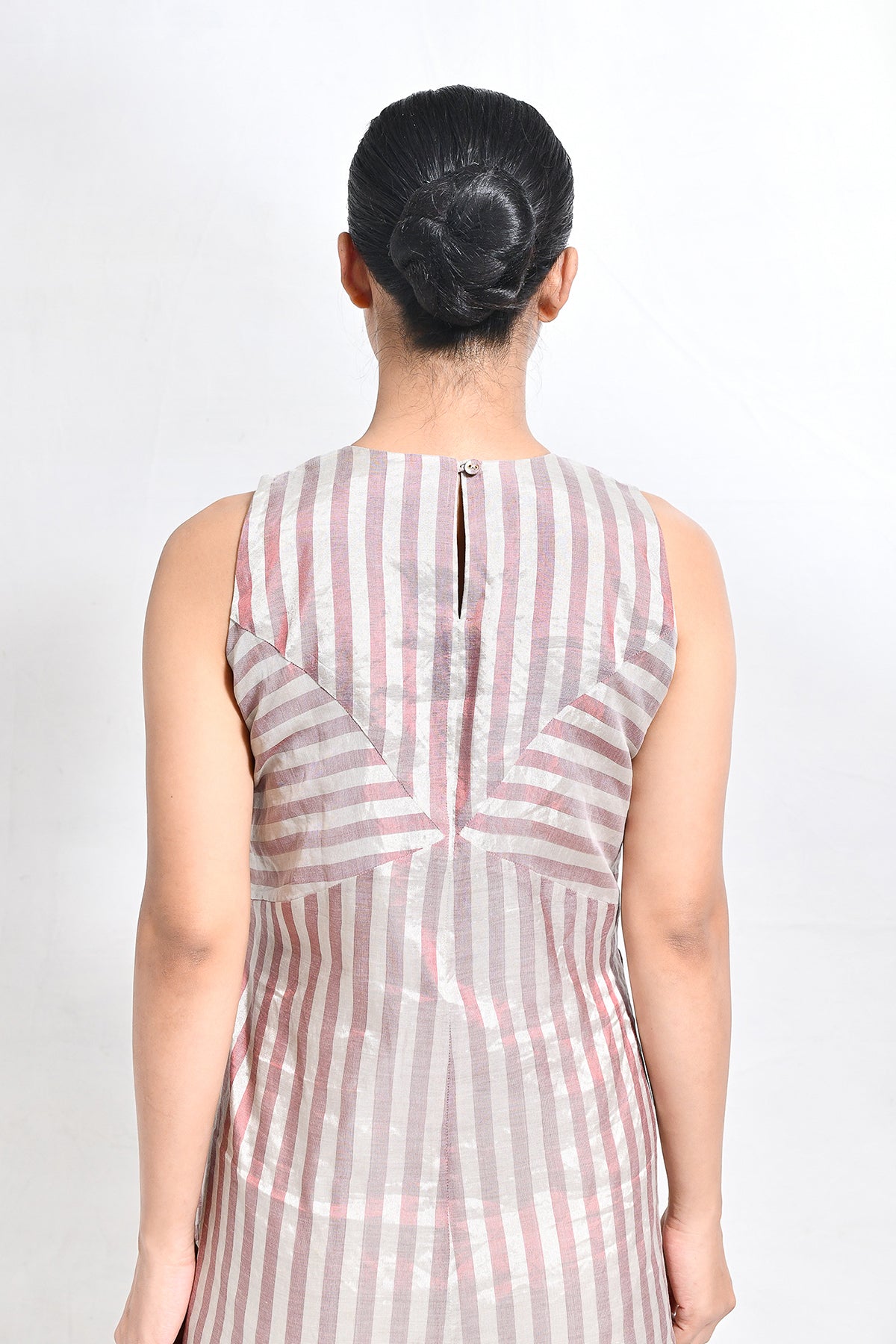 Tissue Striped Sleeveless A - line Dress with Back Patch - Red - CiceroniDressesHiranya