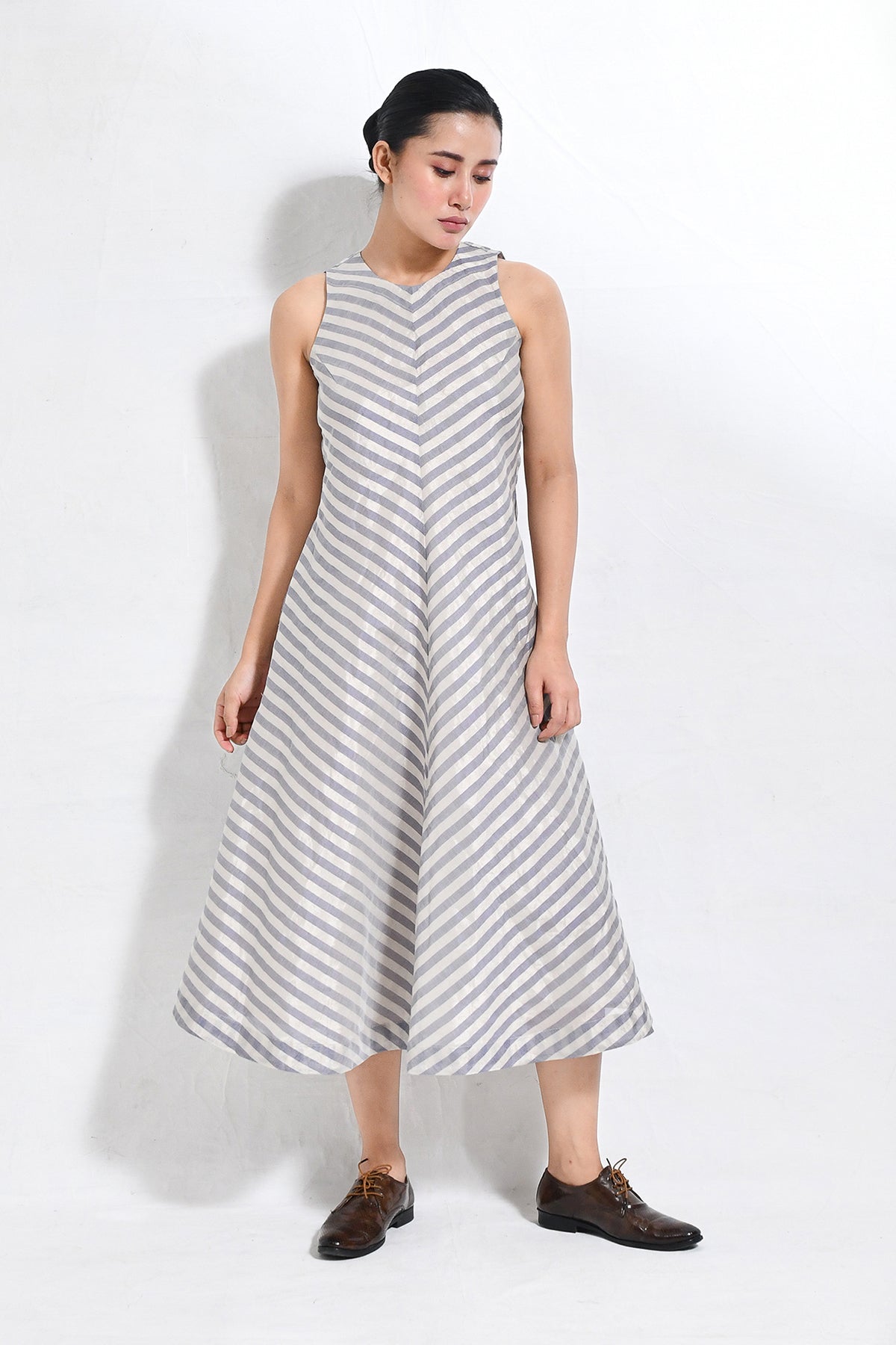Tissue Striped Sleeveless A - line Dress with Back Patch - CiceroniDressesHiranya