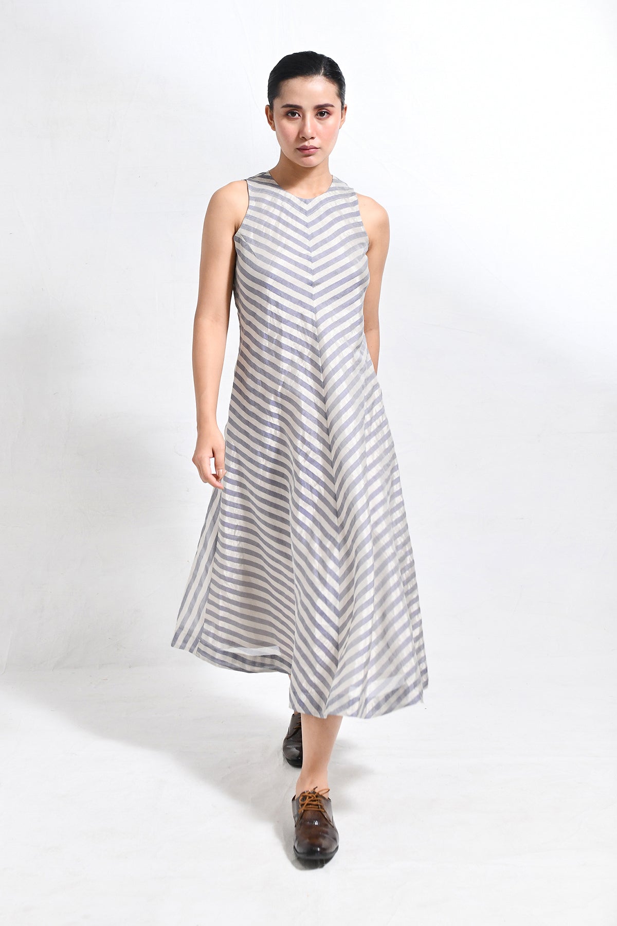 Tissue Striped Sleeveless A - line Dress with Back Patch - CiceroniDressesHiranya