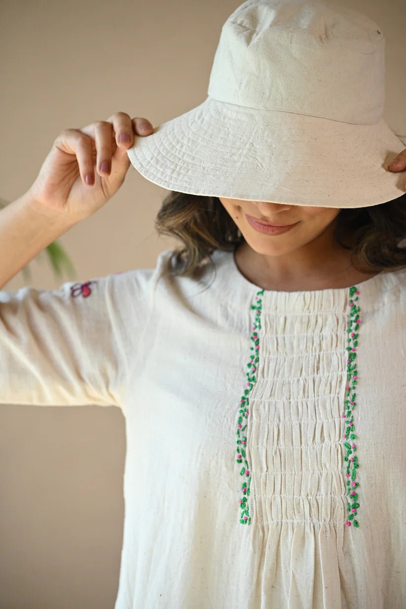 Titali Dress with Ruching & Embroidery Details - Natural White - CiceroniDressesRang by Rajvi