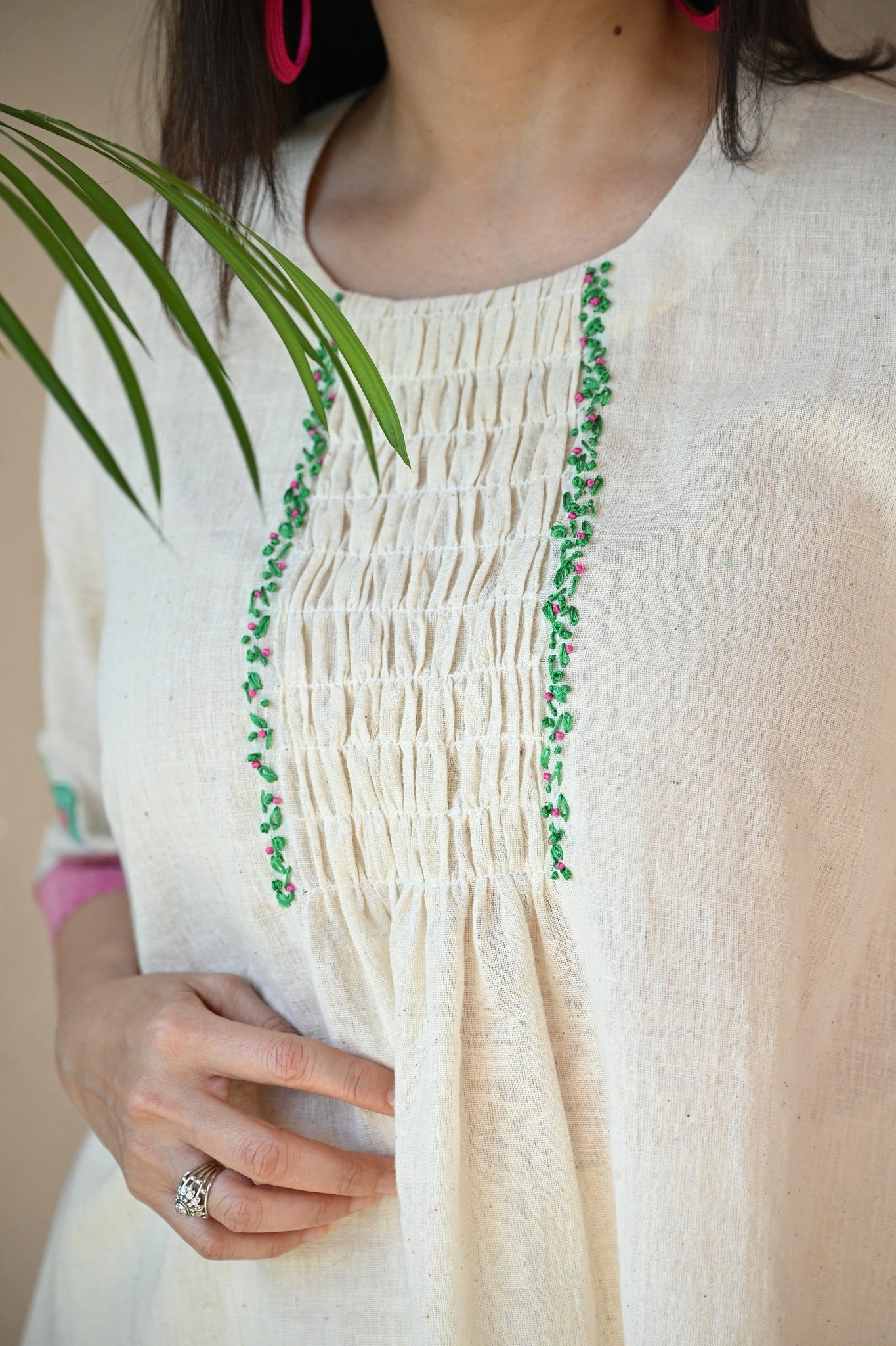 Titali Top with Ruching & Embroidery Details - Natural White - CiceroniTopsRang by Rajvi