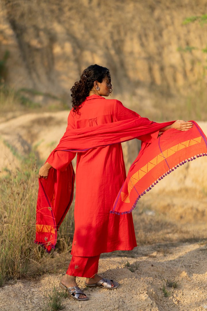 Tomato Red Kurta Set with Dupatta - CiceroniKurta Set, Everyday WearMaidaan