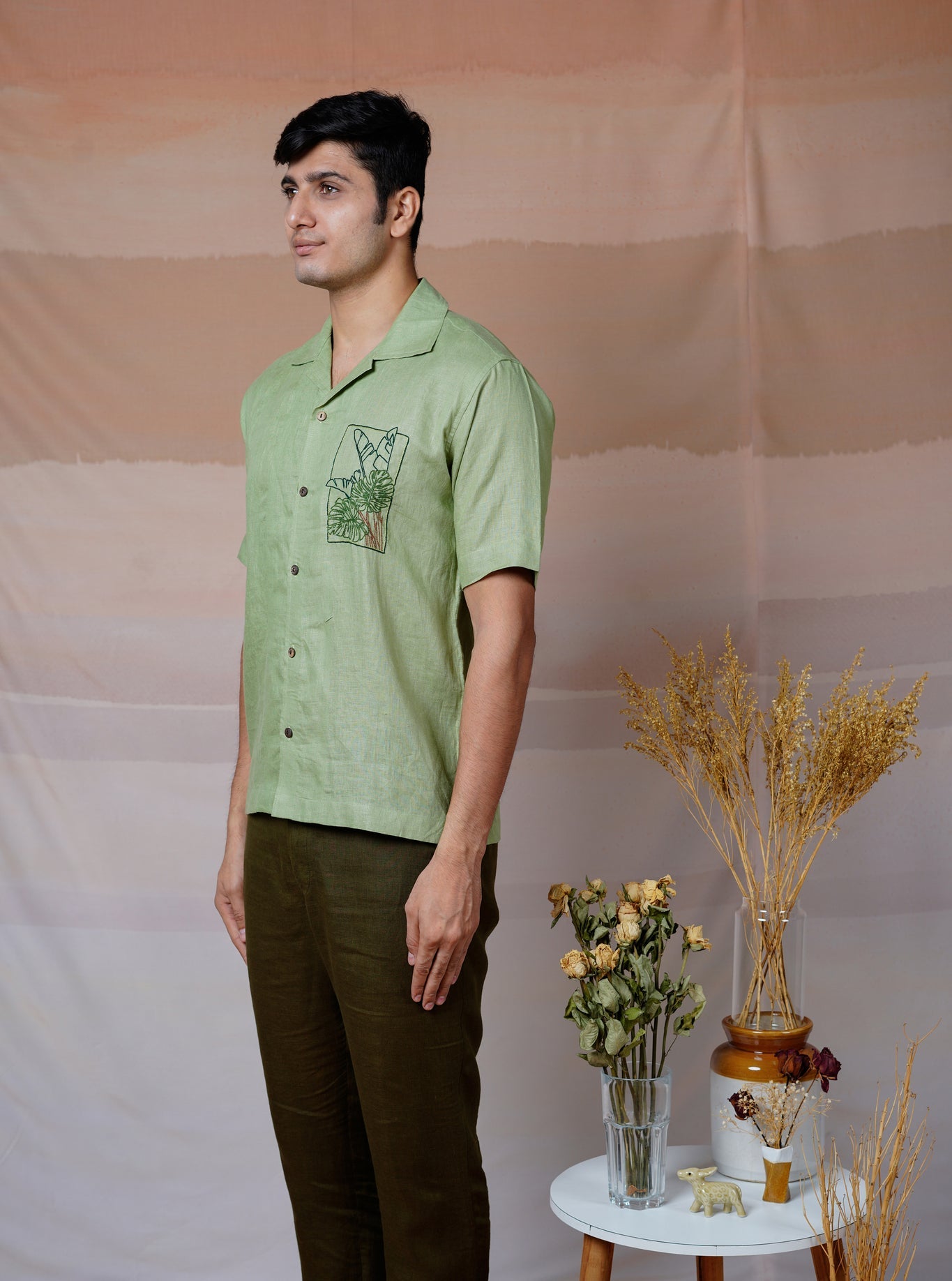 Tropical Leaf - Hand Embroidered Unisex Linen Shirt - CiceroniShirtsCultura Studio