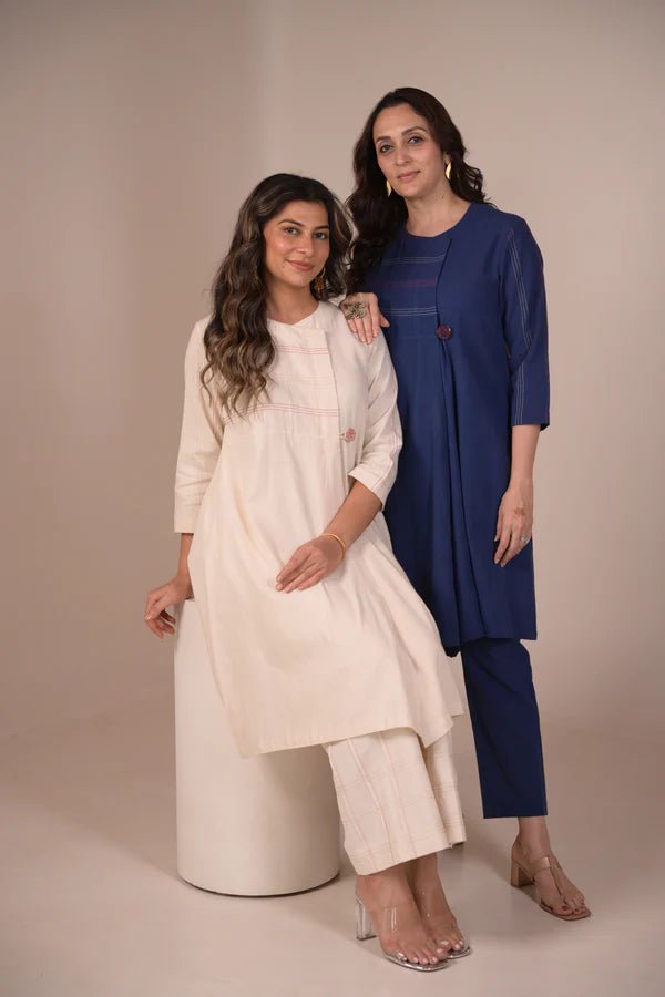Tunic, Jacket style with Pleated texture detail and Hand embroidered button - Blue - CiceroniTunicsRang by Rajvi