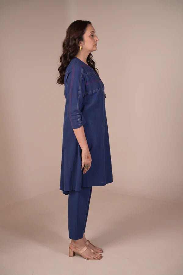 Tunic, Jacket style with Pleated texture detail and Hand embroidered button - Blue - CiceroniTunicsRang by Rajvi