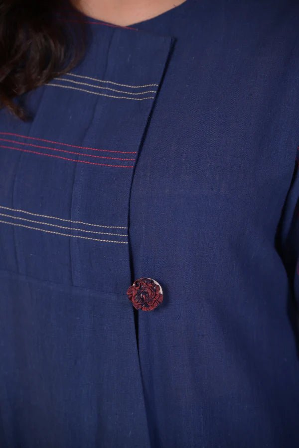 Tunic, Jacket style with Pleated texture detail and Hand embroidered button - Blue - CiceroniTunicsRang by Rajvi