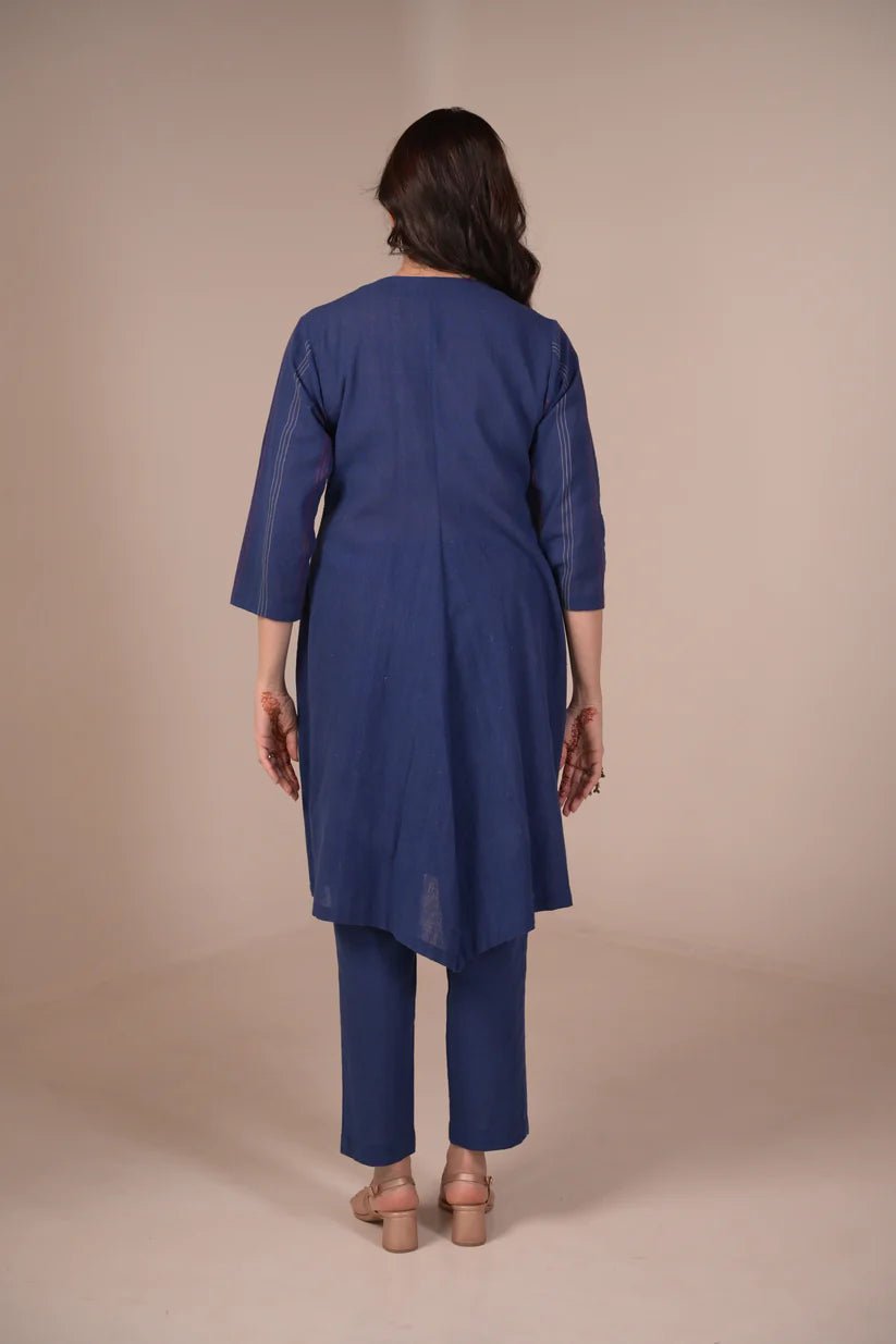 Tunic, Jacket style with Pleated texture detail and Hand embroidered button - Blue - CiceroniTunicsRang by Rajvi