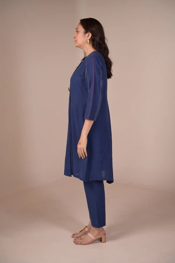 Tunic, Jacket style with Pleated texture detail and Hand embroidered button - Blue - CiceroniTunicsRang by Rajvi