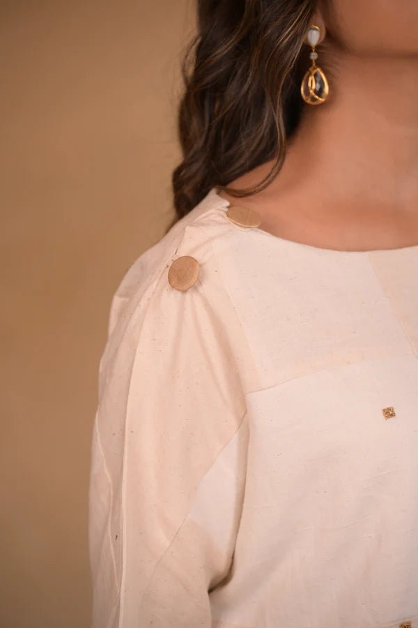 Tunic, with shoulder button in patched fabric and hand embroidery accents - CiceroniTopsRang by Rajvi