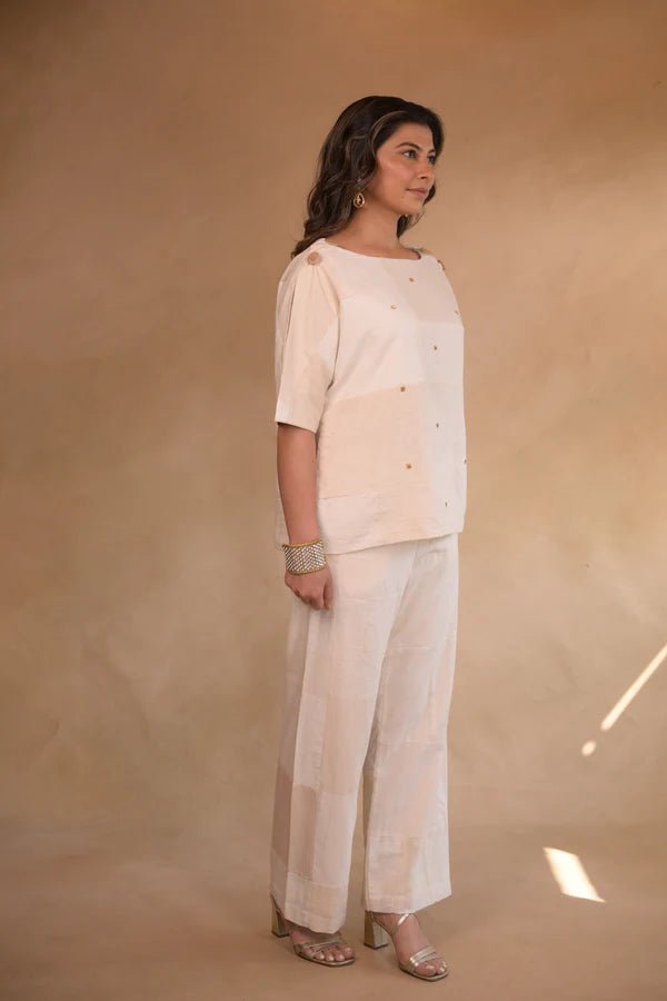 Tunic, with shoulder button in patched fabric and hand embroidery accents - CiceroniTopsRang by Rajvi