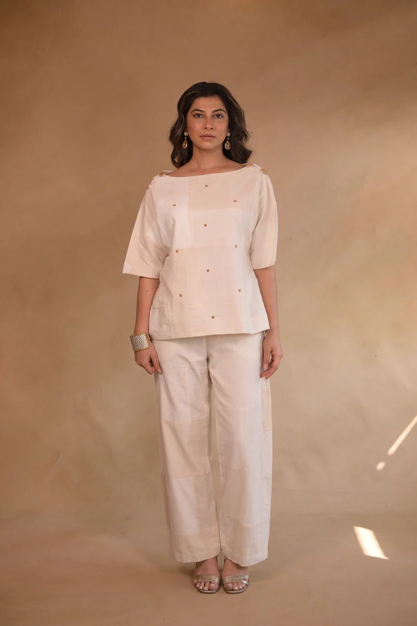 Tunic, with shoulder button in patched fabric and hand embroidery accents - CiceroniTopsRang by Rajvi