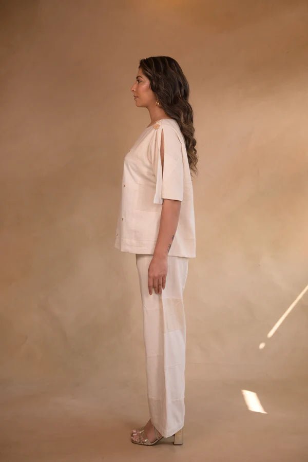 Tunic, with shoulder button in patched fabric and hand embroidery accents - CiceroniTopsRang by Rajvi