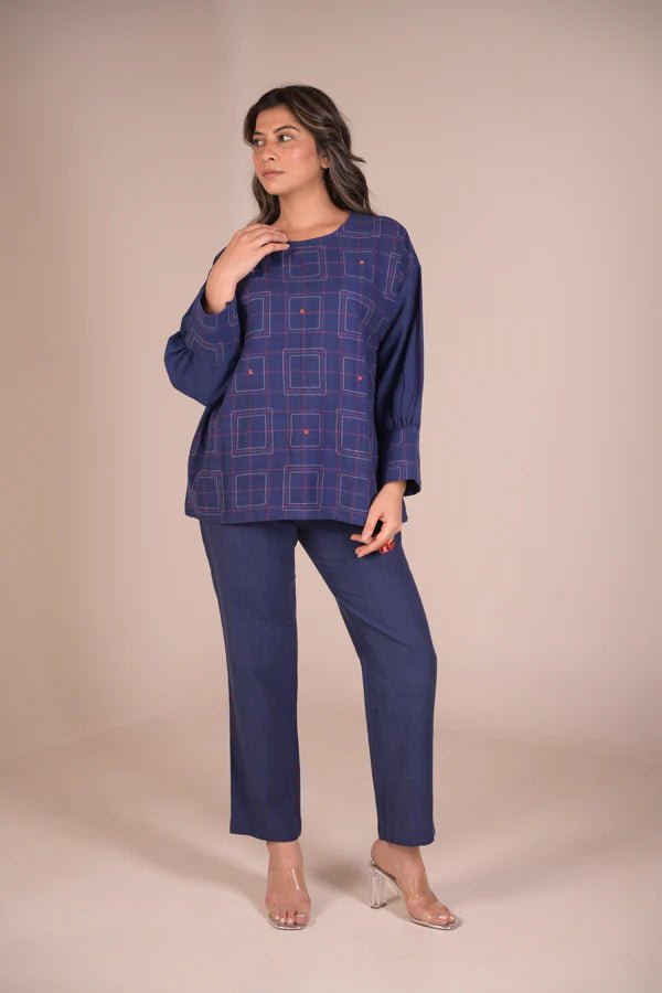 Tunic, with texture and hand embroidery accents - Blue - CiceroniTunicsRang by Rajvi