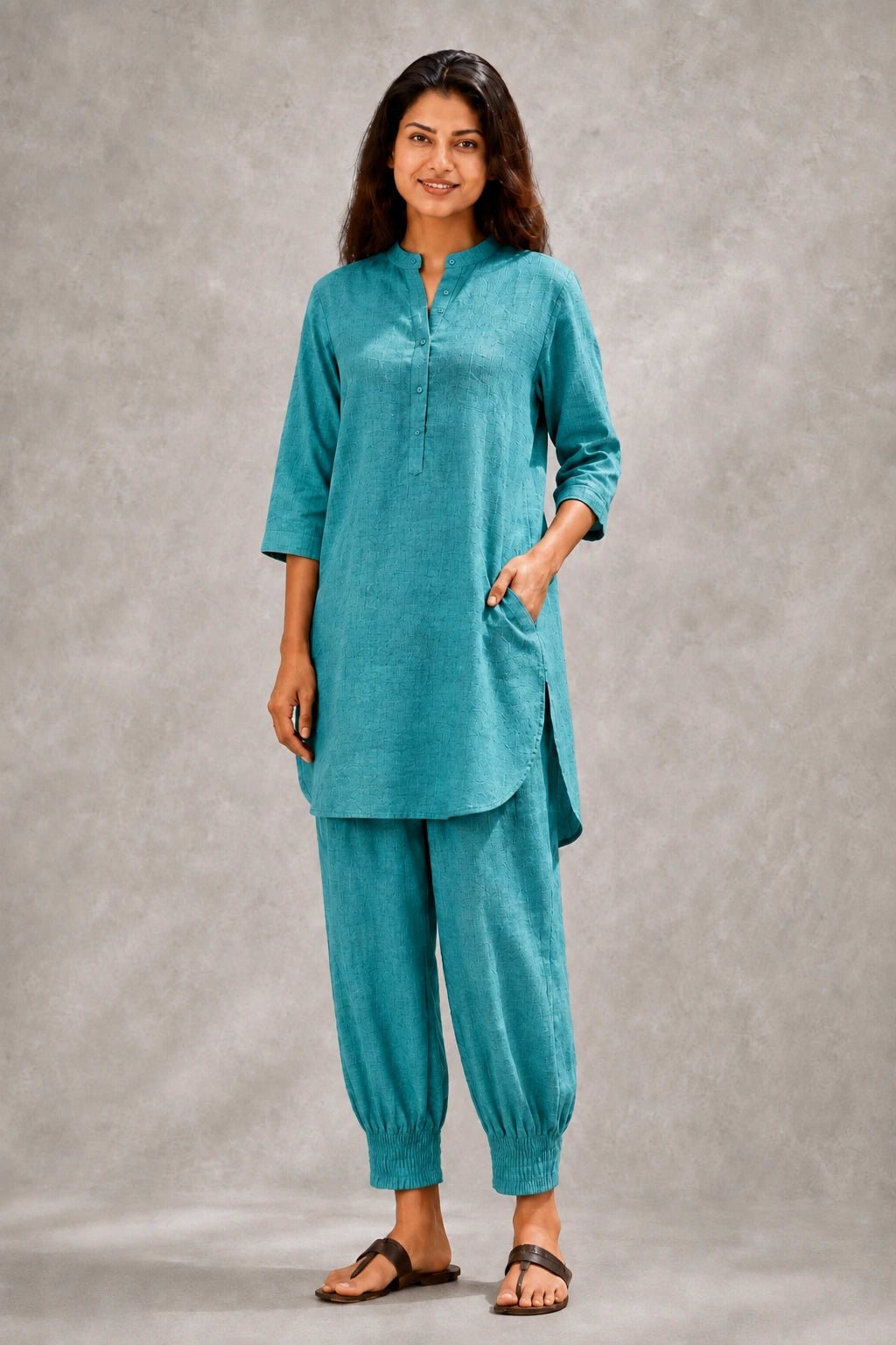 Turquoise Blue Khadi Cotton Co-ord Set - CiceroniKurta Set, Everyday WearSutra Art of Clothing