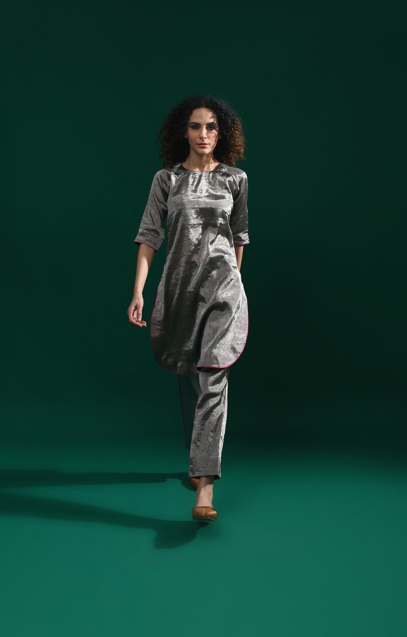 U - hem Tissue Co - Ord (Set of 2) - Metallic Silver - CiceroniKurta Set, Festive WearHiranya