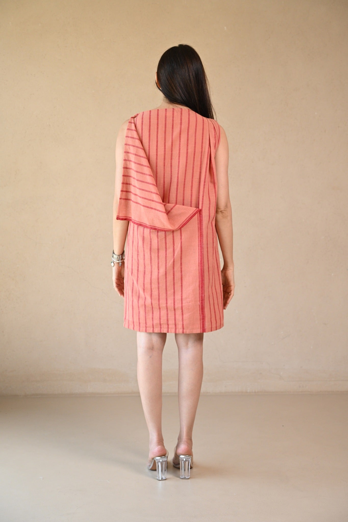 Uncut Dress with Shoulder Button - Peach Stripe - CiceroniDressesRang by Rajvi