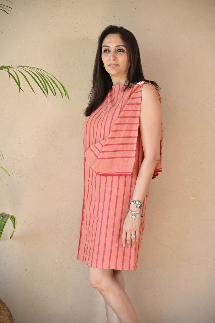 Uncut Dress with Shoulder Button - Peach Stripe - CiceroniDressesRang by Rajvi