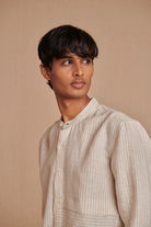 Undyed Pinstripe Linen Men's Band Collar Shirt - Slim Fit - CiceroniShirtSaphed
