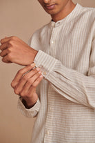 Undyed Pinstripe Linen Men's Band Collar Shirt - Slim Fit - CiceroniShirtSaphed