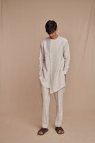 Undyed Pinstripe Linen Side Open Kurta Set - CiceroniKurta Set, Everyday WearSaphed