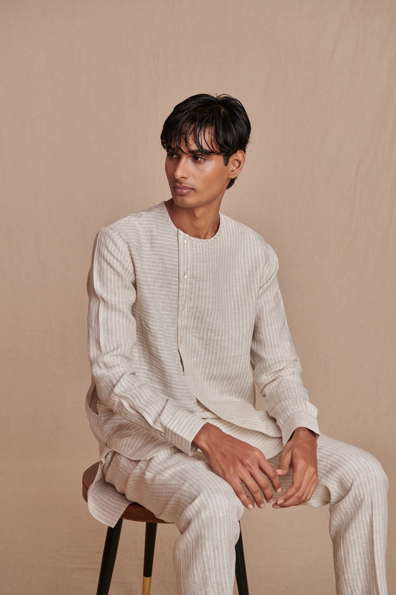 Undyed Pinstripe Linen Side Open Kurta Set - CiceroniKurta Set, Everyday WearSaphed