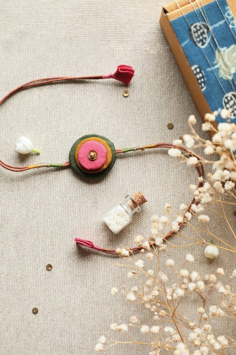 Upcycled Artisanal Rakhi - Mustard, Green and Pink - CiceroniRakhiLukka Chuppi